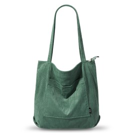 KALIDI Corduroy Tote Bag with Zipper Waterproof Cord Tote Bag for Women with Pockets Compartments Large Capacity Shoulder Bags Handbags for School Work Shopping Travel Daily Use,lightgreen