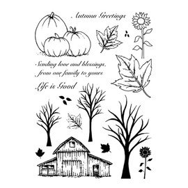 FUGUT 4.3×6.3 Inch, Autumn Pumpkin Wooden House Tree Leaves Sunflower Clear Stamps, Scrapbooking Card Making Thanksgiving Christmas Birthday Craft Silicone Stamps