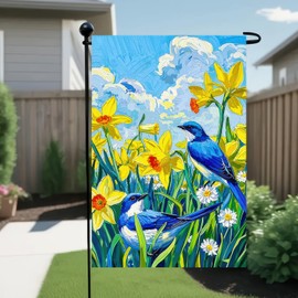 BlissYard Hello Spring Summer Garden Flags 12x18 Double Sided Spring Decorations For Home Front Porch Decor Blue Birds and Daffodils Backdrop Design Outdoor Decoration Spring Garden Flags For Outside