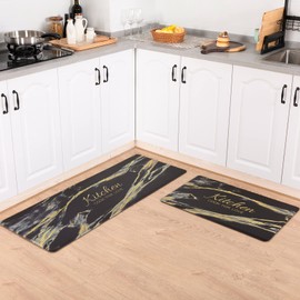 Carvapet 2 Pieces Comfort Anti-Fatigue Kitchen Rugs Standing Desk Mat Waterproof Decorative Ergonomic Floor Pad Kitchen Rug Black&Golden Marble Design 17"x47"+17"x28"