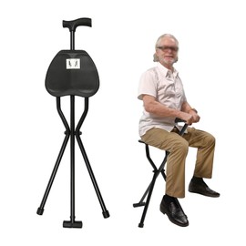 Dodoam Folding Cane with Seat，Tripod Chair Seat Stool Heavy Duty Adjustable Portable