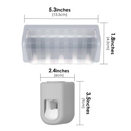 5 Slots Wall Mount Toothbrush Holder with Cover, Self Adhesive Toothbrush Storage Organizer for Shower, Toothbrush Hanger with Automatic Toothpaste Squeezer Dispenser (Grey)