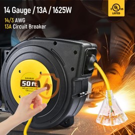 SURAIELEC 50 FT Extension Cord Reel, 14 Gauge Retractable Extension Cord, SJTOW 14 AWG/3C Heavy Duty Power Cord, 13 AMP Circuit Breaker, Lighted Triple Tap, Ceiling or Wall Mount, UL Listed