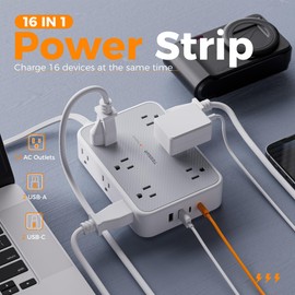 TESSAN Flat Plug Power Bar, Surge Protector Extension Cord 10FT with 12 AC Outlets Extender and 4 USB Ports (2 USB C), Multiple Power Strip 1800J Protection for Home Office Dorm Room