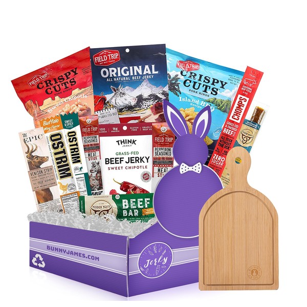 Beef Jerky Gift Baskets for Men with Mini Cutting Board: Healthy Exotic Jerky Gift Box Includes Variety Of Pork Rinds, Venison, Chicken, Elk, Pork & Beef Meat Sticks - Great Gifts For Men
