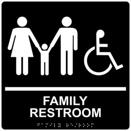 ComplianceSigns.com Family Restroom Sign, ADA-Compliant Braille and Raised Letters, 9x9 in. White on Black Acrylic with Adhesive Mounting Strips