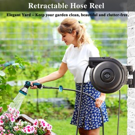 Retractable Garden Hose Reel - 5/8 inch x 90 ft Wall Mounted Hose Reel 10 Patterns Nozzle, Auto-Rewind System, Any Length Lock, 180°Swivel Bracket, Black