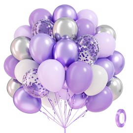 60pcs Purple and Silver Balloons 12inch with Pearl Purple White Metallic Silver Confetti Balloons for Wedding Bridal Baby Shower Birthday Party Decorations