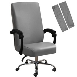 Shukii Waterproof Office Chair Cover+Arm Cover PU Leather Computer Seat Covers Stretch Rotating Chair Slipcover with Elastic Bottom Universal Chair Protectors for Rotating Boss Chair (Grey, Large)