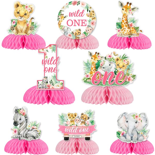 Safari Party Decorations 1st Birthday Girl, Wild One Table Centrepiece Honeycomb, Double-Sided Printing Pink Safari Jungle Animal Honeycomb Centerpieces for Girl 1st Birthday Decorations