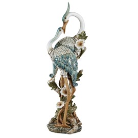 Devoted Cranes Table Sculpture Teal - Made of Resin Coastal Crane Shorebirds - Glitter Accents - Bird Statue - Flowers, Vining Leaves Base - Measures 5 Inches Wide, 16 Inches High