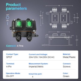 Waterproof On Off Toggle Switch Double Switch with Green Light Rocker Button Inline Cord Switch DPST AC/DC 20A-125V,16A-250V,30A-24V,35A-12V, IP66 4 Exit