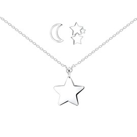 FRIEDA+PAUL Star Moon Symbol Astro Women's / Girls' Necklace Pendant Stud Earrings Set of 4 925 Sterling Silver Tarnish-Resistant Jewellery Box, Silver