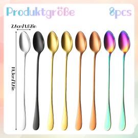 8-Piece Latte Macchiato Spoon Set, 19.3 cm Long Spoon, Cocktail Spoon for Ice Cream Sundaes and Desserts, 5 Colours Stainless Steel Dessert Spoon for Iced Coffee, Ice Cream Spoon, Latte