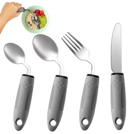 BaseSmall 4-Piece Adaptive Utensils Set - 42° Angled Parkinsons Utensils, 2.5 oz Weighted Utensils for Hand Tremors and Parkinsons Patients, Weighted Silverware for Hand Tremors (Grey: Right-Handed)