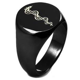 Black IP Plated Sterling Silver Rod of Asclepius Symbol Round Flat Top Polished Ring, Size 6