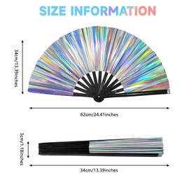 Hasina Large Rave Folding Hand Fan with Leg Strap, Bamboo Clack Handheld Fan for Men Women, Laser Design for Club, Disco, EDM, Festival, Party, Dance and Home Decoration (Sliver)