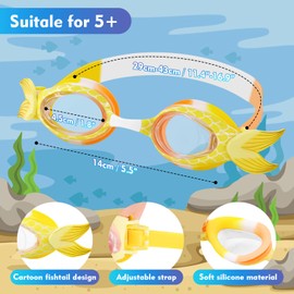 WenYa Mermaid Swimming Goggles for Girls, Mermaid Girls Anti-Fog Clear Vision Swimming Goggles with Adjustable Nose Rest for Girls 5-12+ (Yellow)