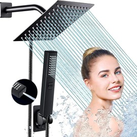 HAWOO Regaderas para Baño, 8" Cabeza de Ducha de Lluvia Alta Presion, Ducha de Mano de 2 Modos Rociado con Soporte, Antifugas, Manguera de 1.5 m, Regaderas y Baño