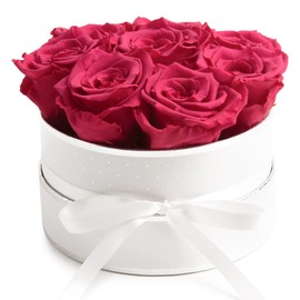Rose Box Pink Round Infinity Roses - Flower Box 8 Real Roses Durable 3 Years Diameter 15 cm - Gift for Women (White/Pink)