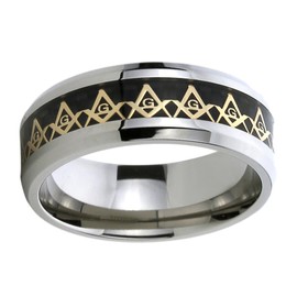 DoubleAccent 8mm Titanium Inlayed Wedding Bands Promise Rings Yellow Tone Masonic Symbol Comfort Fit Ring