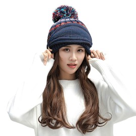 Knitted Hat Scarf Mask Set Winter Hat Women Girls Neck Warmer Fleece Lining Knitted Hat with Bobble Balaclava Thick Face Mask Windproof Tube Scarf Removable Ski Hat Neck Warmer Outdoor, blue