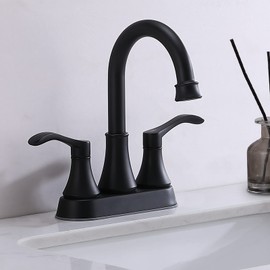 VALISY Matte Black Bathroom Sink Faucet, 2-Handle 4 Inch Centerset Lead-Free Modern Commercial, 360° Swivel High-Arc Spout Lavatory Vanity Faucets Set for Sink with Drain & Water Hoses, VALZST050B