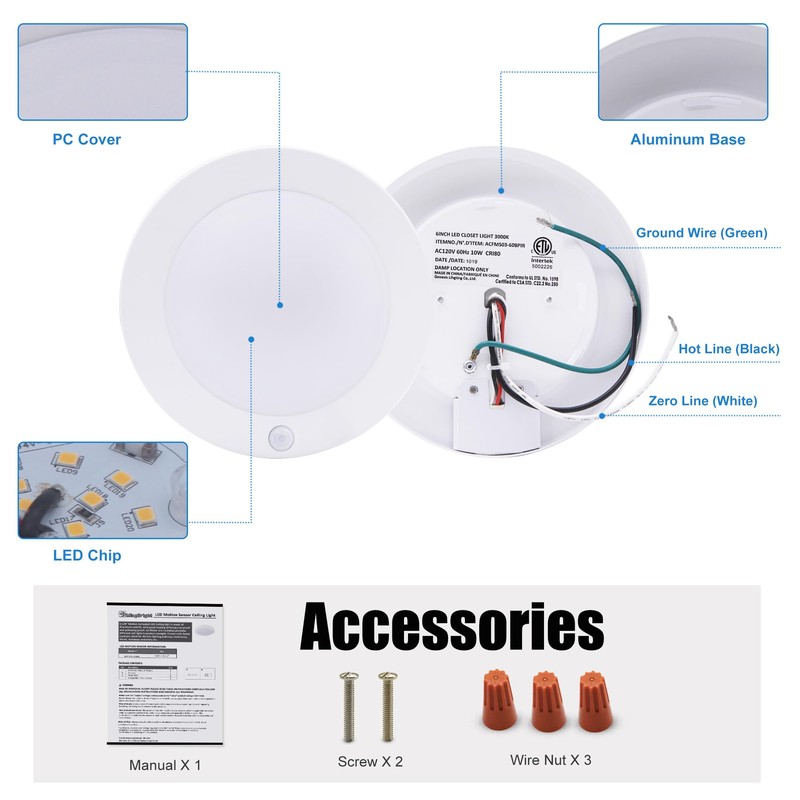 MingBright 6 Inch LED Closet Light, Ultra-Thin Motion Sensor Ceiling