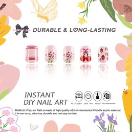 Cute Press on Nails Extra Short Square MABKJLF Pink Fake Nails Flower Bow Cherry Strawberry False Nails with Plaid Designs Glossy Glue on Nails Stick on Nails Acrylic Nails for Women Girls 24 Pcs