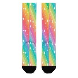 1 Pair Unisex Compression Crew Medium Sock Athletic Soft Circulation Socks for Running Sports 16.5 in Length Print Seamless White Stars On Rainbow Colorful Lines Stripes