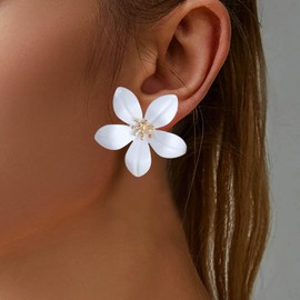 Inateannal Exaggerated Large Flower Studs White Enamel Flower Earrings Metal Big Floral Earrings Statement Floral Petal Studs Jewelry for Women