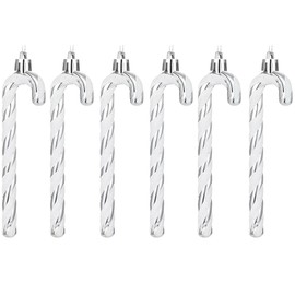 6 PCS 13cm Christmas Glitter Candy Cane Plastic Candy Cane Christmas Tree Decorations for Xmas New Year Party Supplies, Silver + White