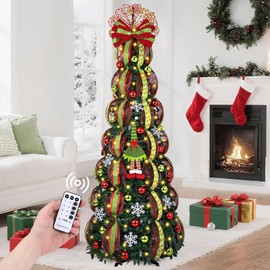MARTINE MALL 6FT Pop Up Christmas Tree with 8 Mode 180 Warm Lights, Collapsible Foldable Christmas Tree Pull Up Fully Decorated Xmas Trees with 117PCS Christmas Ornaments for Home Indoor Outdoor Party