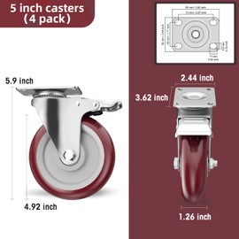 Casters Set of 4 Heavy Duty - Caster Wheels 5 Inch, CLOATFET Locking Casters, Swivel Casters with Brake (Top Plate), Double Ball Bearing Non Marking Castor Wheels for Cart Furniture Workbench