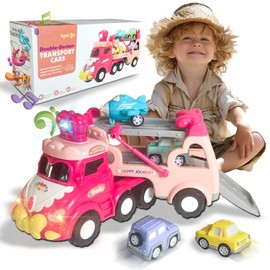 xwin sportseries 5 in 1 Car Transport Toy Set for Kids with Light-Up Features Includes Carrier Truck and 4X Play Vehicles Mini Cars - Sounds and Lights - Princess Car Pink Gift for Toddlers Children