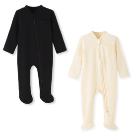 BINIDUCKLING Baby Boys Girls Double Zip Up Sleepsuit - Two-Way Zipper, Baby Footed Pajamas with Mitten Cuffs - Cotton Long Sleeve Onesie for Baby Grows 9-12 Month, Black and Beige