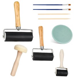 OUTALIZ Lino Printing Set, 3 Pieces Rubber Brayer Roller (3.5 cm, 6 cm, 10 cm), Rubber Roller Pressure Roller, with 1 Mushroom Roller 1 Engraving, for Print Graphics, Stamping, Printing, Inks,