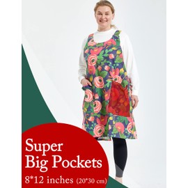 APRONNER Cross Back Plus Size Linen Aprons for Women with Pockets Blend Dress for Baking Cooking Gardening Works Red Tulips