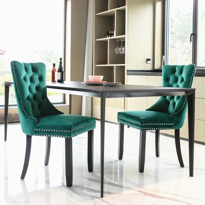 Modern Green Velvet Dining Chair with Button Tufted Back Nailhead