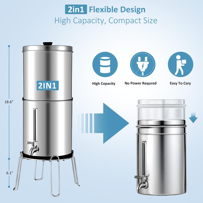 LYCDMONT 2.25G Ultra-Filtration Gravity Water Filter System，304 Stainless Steel Countertop
