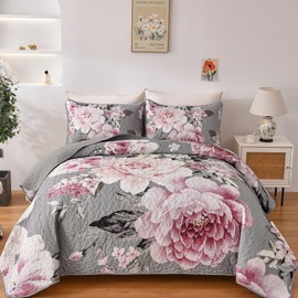 WONGS BEDDING Floral Quilt Set Queen, Grey 3 Pieces Elegant Pink Flower Quilt Bedding Set for All Season Soft Microfiber Lightweight Reversible Bedspread Coverlet with 2 Pillow Shams 96"X90"