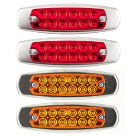 Spyder 6.2" LED Marker Clearance Lights - 12 LED Amber/Red Trailer Lights, Surface Mount, Sealed, Rectangular, Fish Shape - Stainless Steel Rim Bezel (2x Amber + 2x Red)