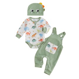 Baby Boy Outfits Infant Clothes Set Dinosaur Print Long Sleeve Romper Overalls Long Pants Cute Dinosaur Hat 3Piece Set (Green, 0-3 Months)