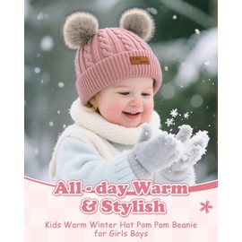 Century Star Baby Girl Hats Winter Cute Baby Beanies for Girls Boys Knit Baby Hats Warm Infant Toddler Hat Pom Pom Caps 3Pcs White & Gray & Dark Pink One Size