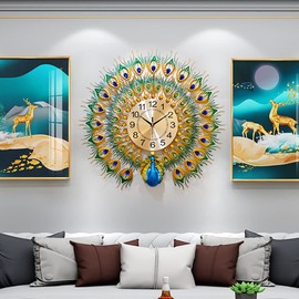 EURSON Large Peacock Wall Clock 27.6 inch Non-Ticking Silent Crystal Creative Personality Modern Art Decorative Wall Clocks for Living Room Decor