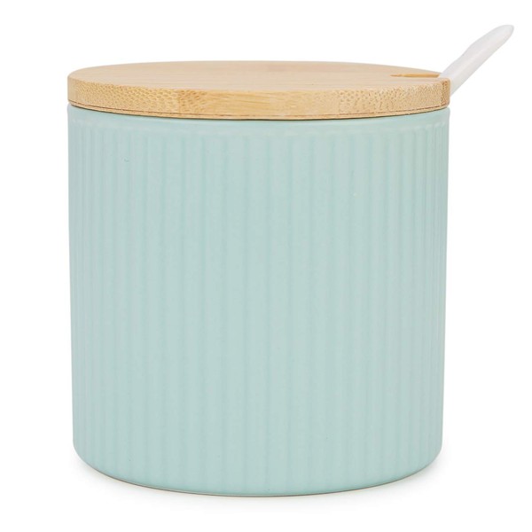 Chase Chic Ceramic Sugar Bowl, Sugar Pot with Wooden Lid and Porcelain Spoon 8.4oz/250ml in Stripe Shape, Suit for Coffee Bar, Kitchen and Home Breakfast, Matte Turquoise