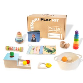 WOODMAM Montessori Toys for Babies 6-12 Months, 9 in 1 Educational Wooden Toys Set, Includes Object Permanent Box, Stacking Cups, Mirror Puzzle, Ring Stacker and More