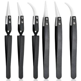 Aemygo 6 Pcs Precision Reverse Ceramic Tweezers Set, Non-Conductive Heat-resistant Electronics Soldering Tweezers Anti-Magnetic Pointed & Curved Tips Tweezers for Solder, Pinching Coils (Black)