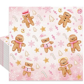 AIBIIN 80Pcs Pink Christmas Paper Napkins Gingerbread Candy Cane Disposable Luncheon Hand Napkin Christmas Gingerbread Man Napkins for Kitchen Dinner Christmas Decorations Holiday Party Supplies
