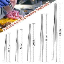 Pack of 5 Stainless Steel Kitchen Tweezers, 12.5 cm, 16 cm, 20 cm, 25 cm, 30 cm, Cooking Tweezers for Kitchen, Long Tweezers for Grilling, Cooking, Meat Tongs and Barbecue Tongs, Professional Cooking